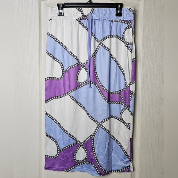 CHICME Womens 2pc Long Sleeve Top, Chain Print Color Block Skirt, Purple & White - Picture 4 of 11